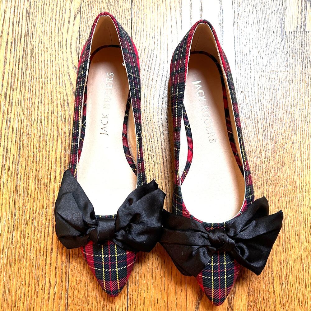 Jack Rogers Debra Tartan Plaid Bow Pointed Toe Ballet Flats Shoes Size 6 Holiday